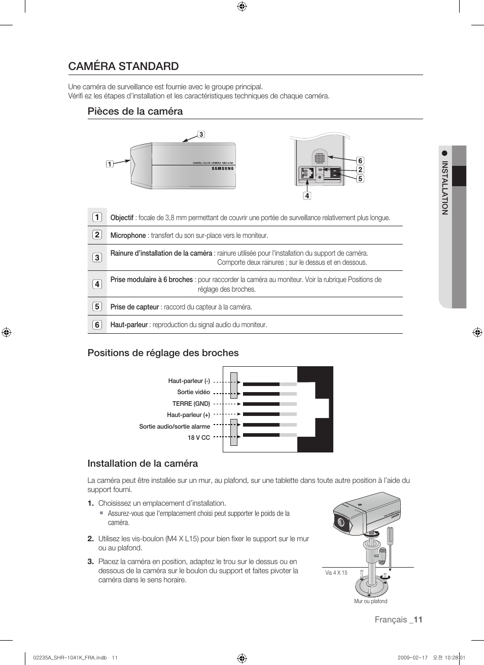 Caméra standard, Pièces de la caméra | Samsung SHR-1041 User Manual | Page 69 / 174