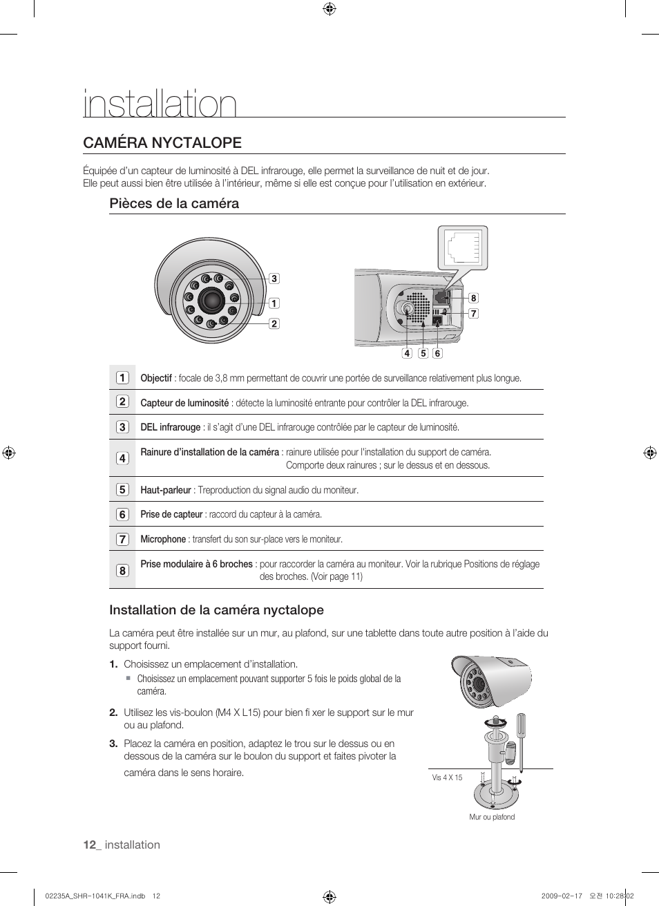 Installation, Caméra nyctalope, Pièces de la caméra | Samsung SHR-1041 User Manual | Page 70 / 174