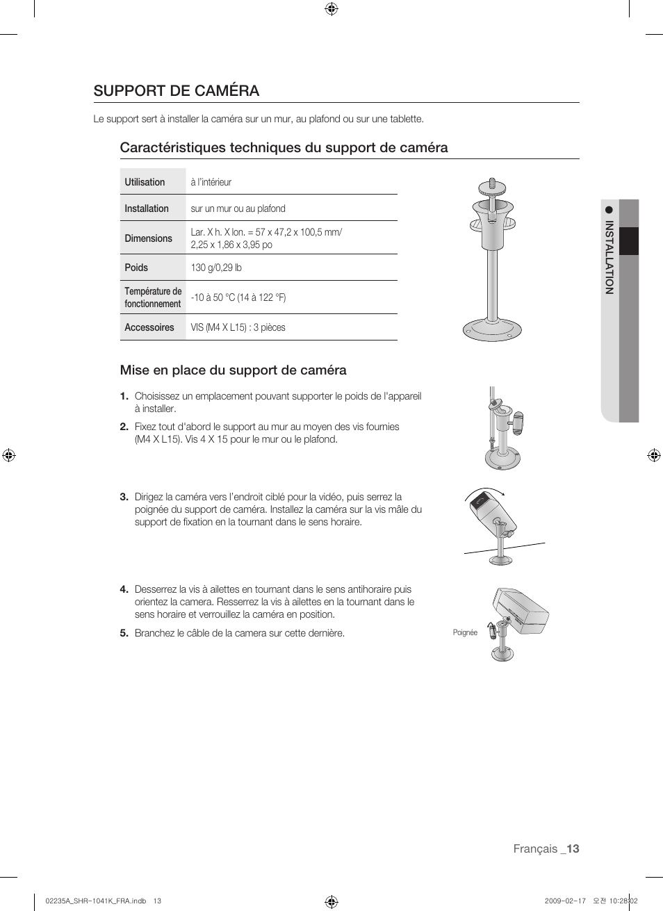Support de caméra, Caractéristiques techniques du support de caméra, Mise en place du support de caméra | Samsung SHR-1041 User Manual | Page 71 / 174