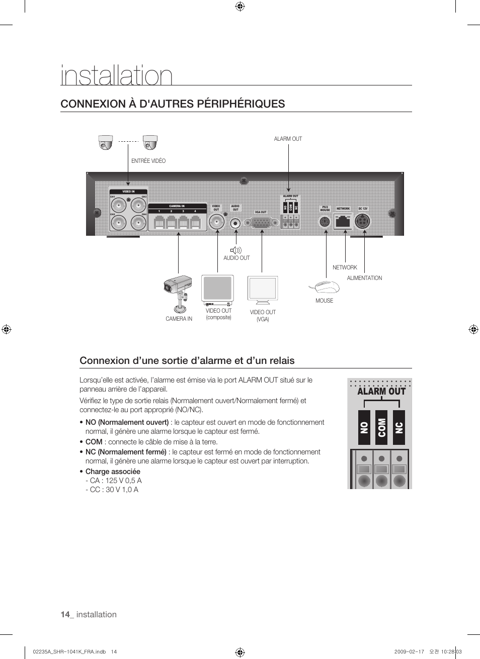 Installation, Connexion à d'autres périphériques, Connexion d’une sortie d’alarme et d’un relais | Samsung SHR-1041 User Manual | Page 72 / 174