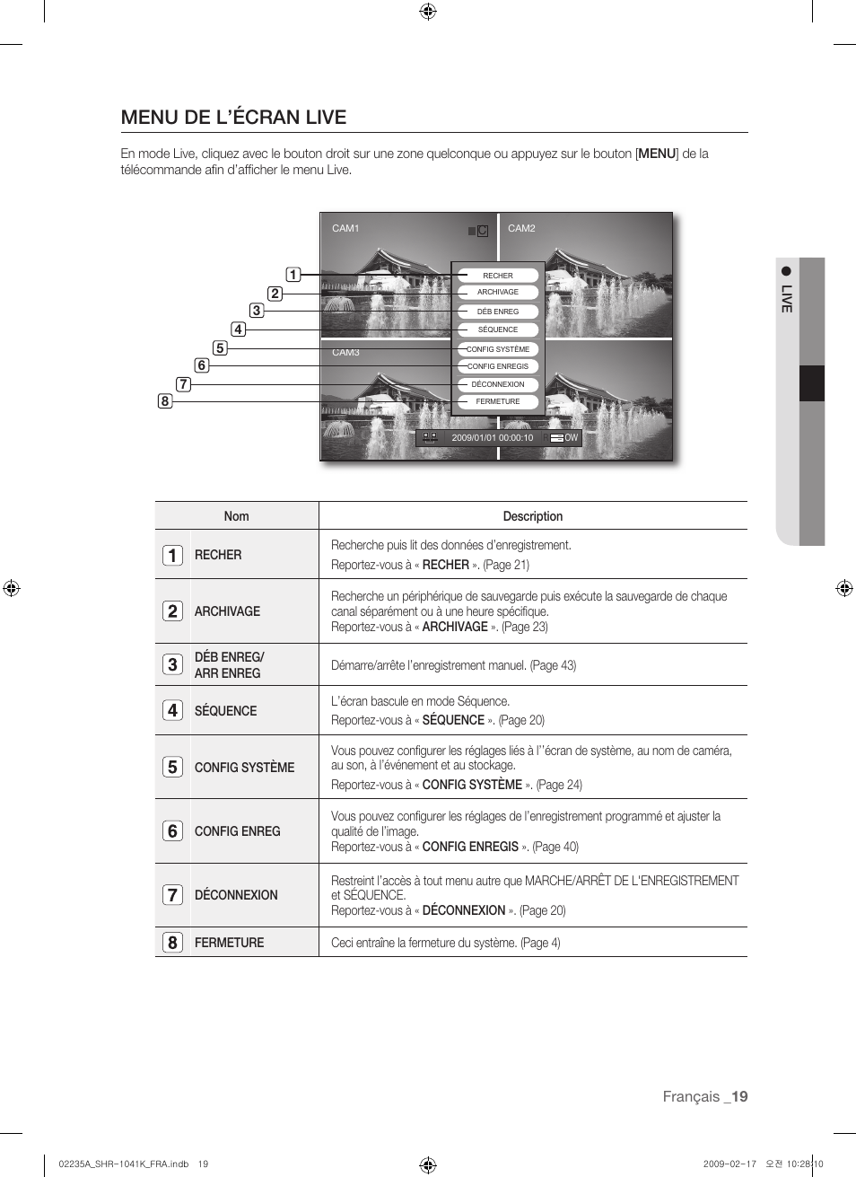 Menu de l’écran live | Samsung SHR-1041 User Manual | Page 77 / 174