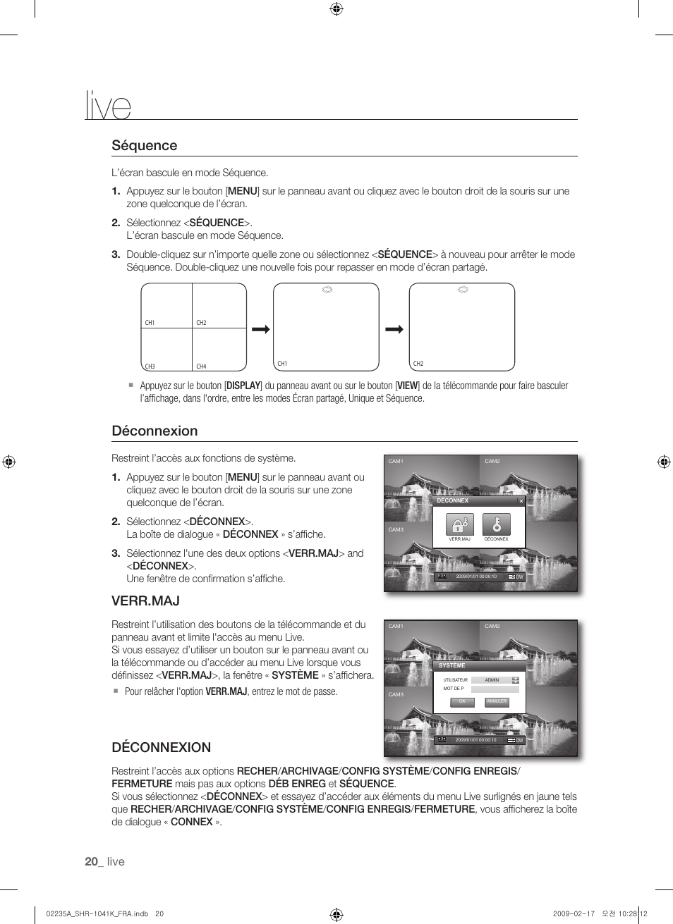 Séquence, Déconnexion, Verr.maj | Live | Samsung SHR-1041 User Manual | Page 78 / 174