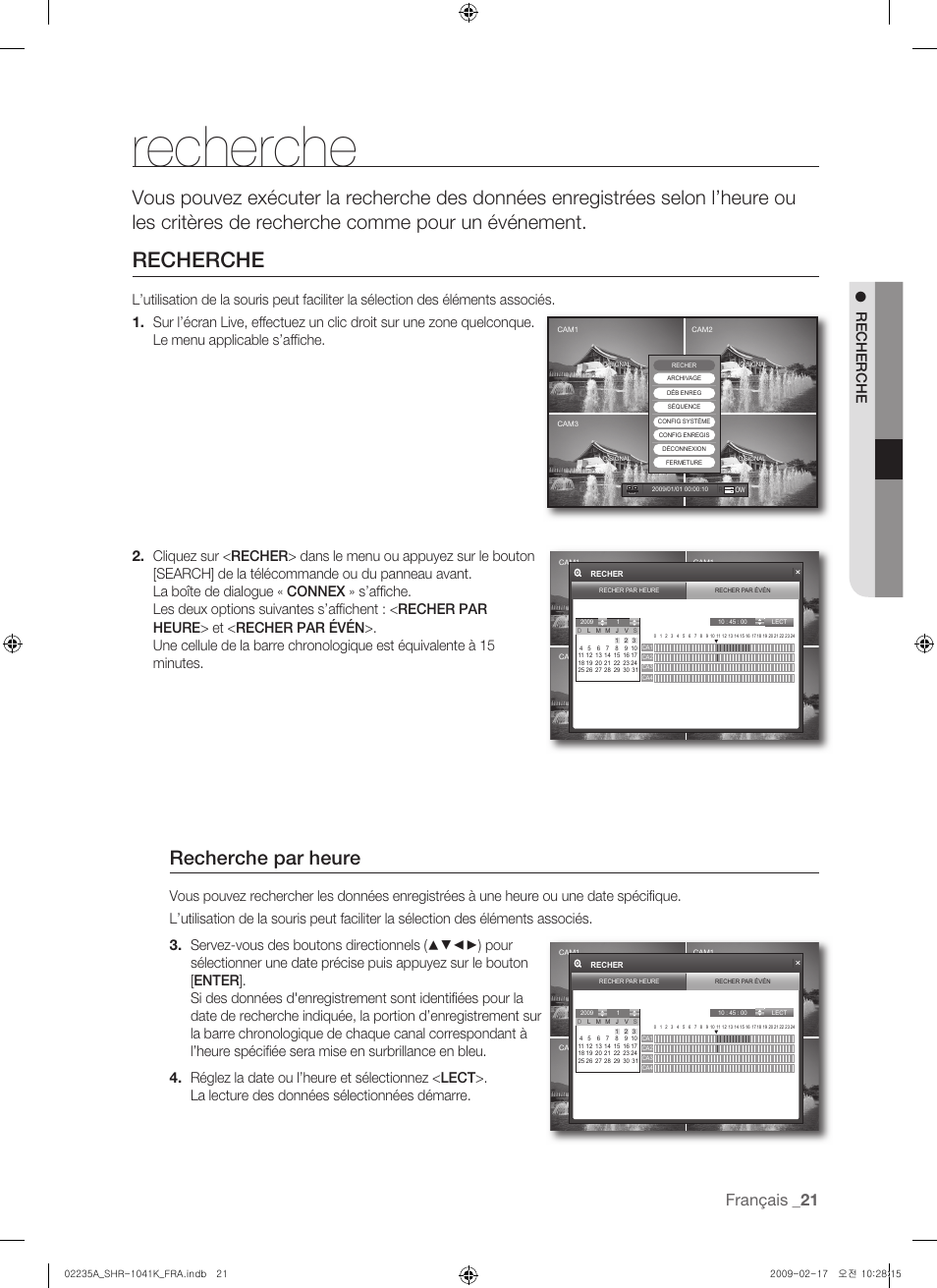 Recherche par heure, Français, Recherche | Samsung SHR-1041 User Manual | Page 79 / 174