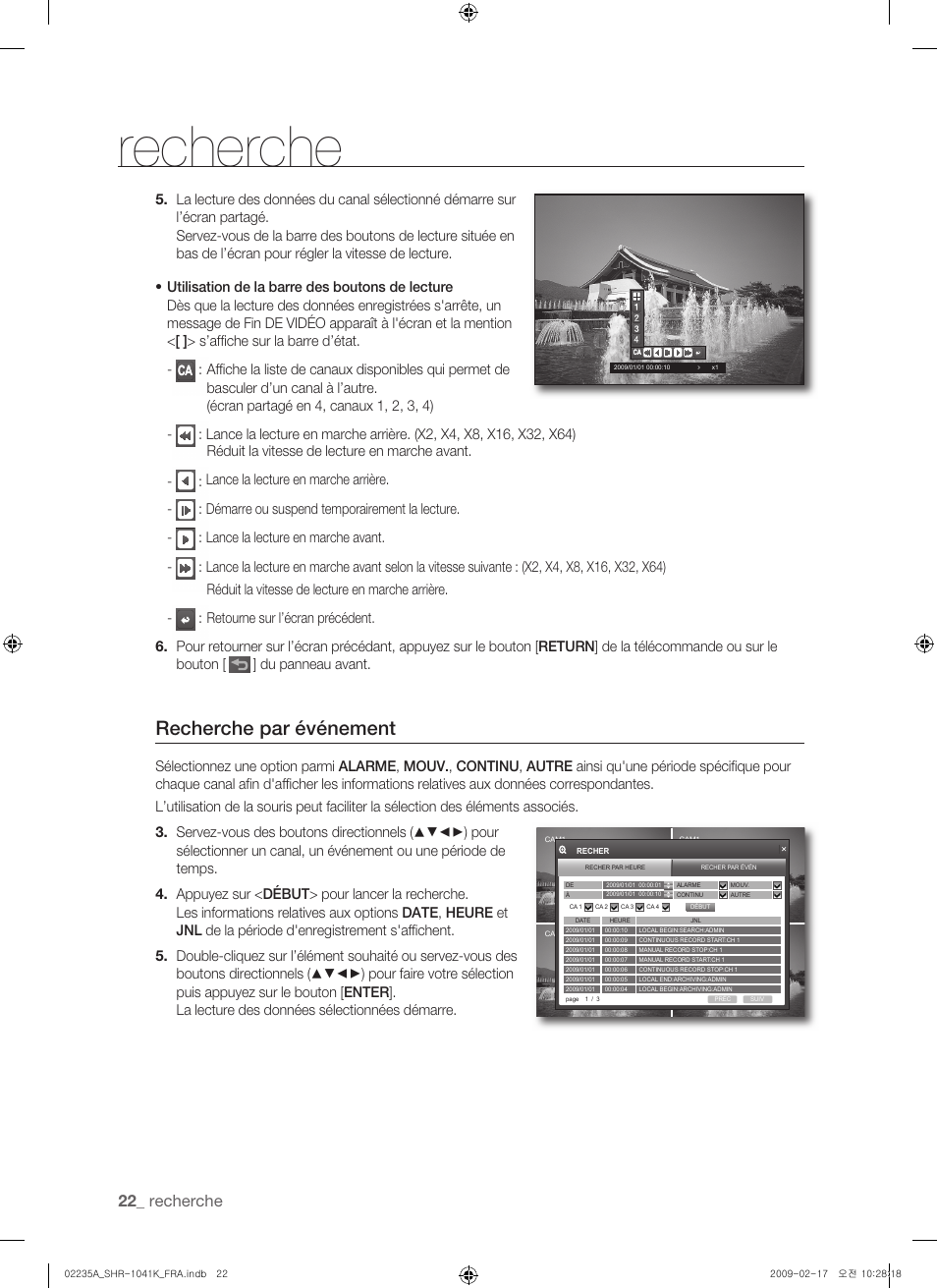 Recherche par événement, Recherche | Samsung SHR-1041 User Manual | Page 80 / 174