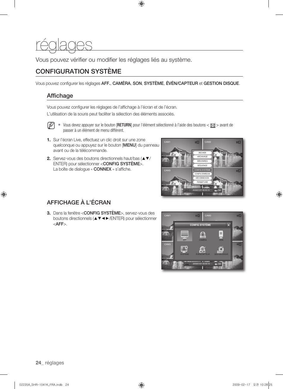 Configuration système, Affi chage, Affichage à l’écran | Réglages | Samsung SHR-1041 User Manual | Page 82 / 174