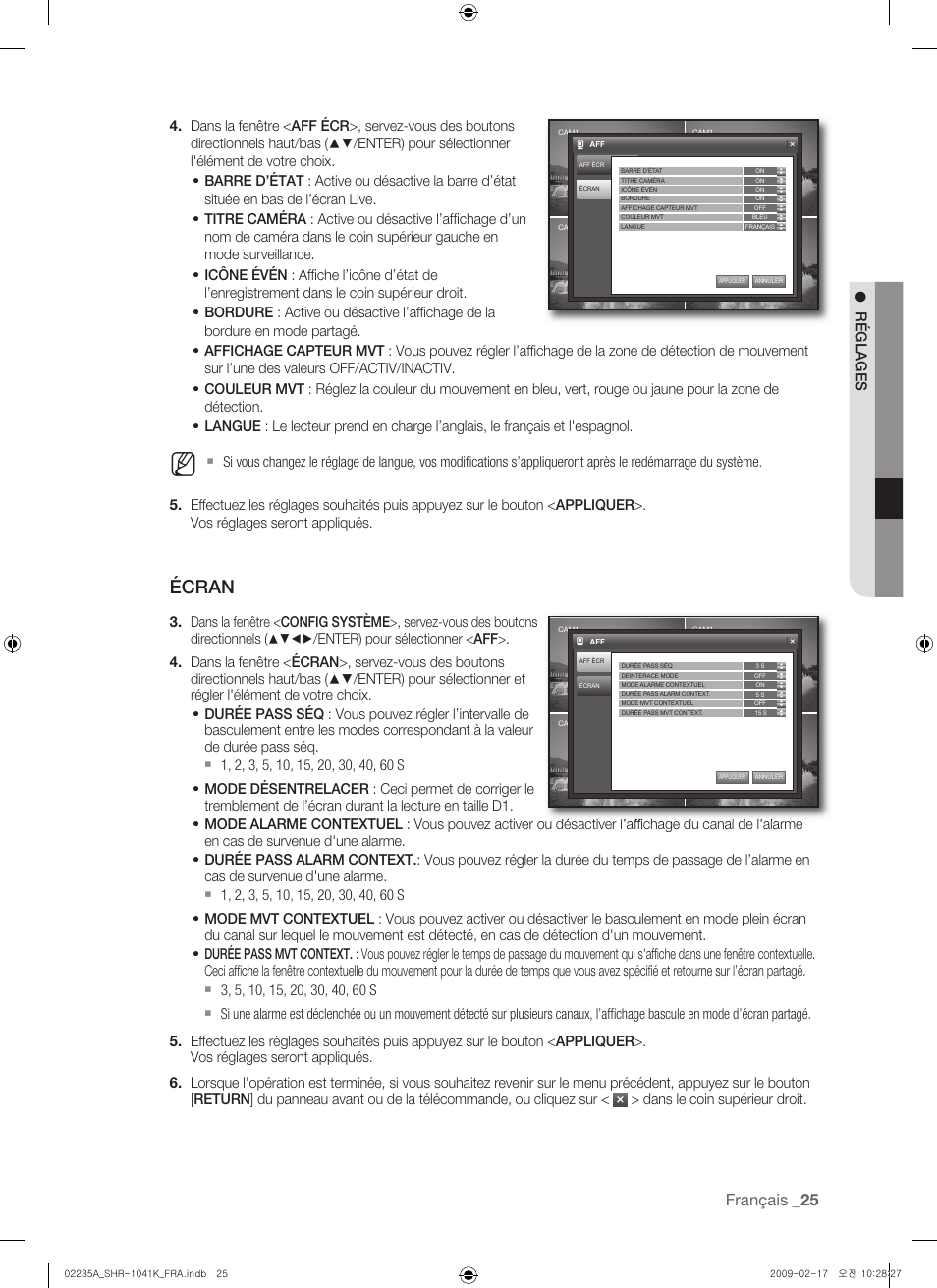 Écran, Français | Samsung SHR-1041 User Manual | Page 83 / 174