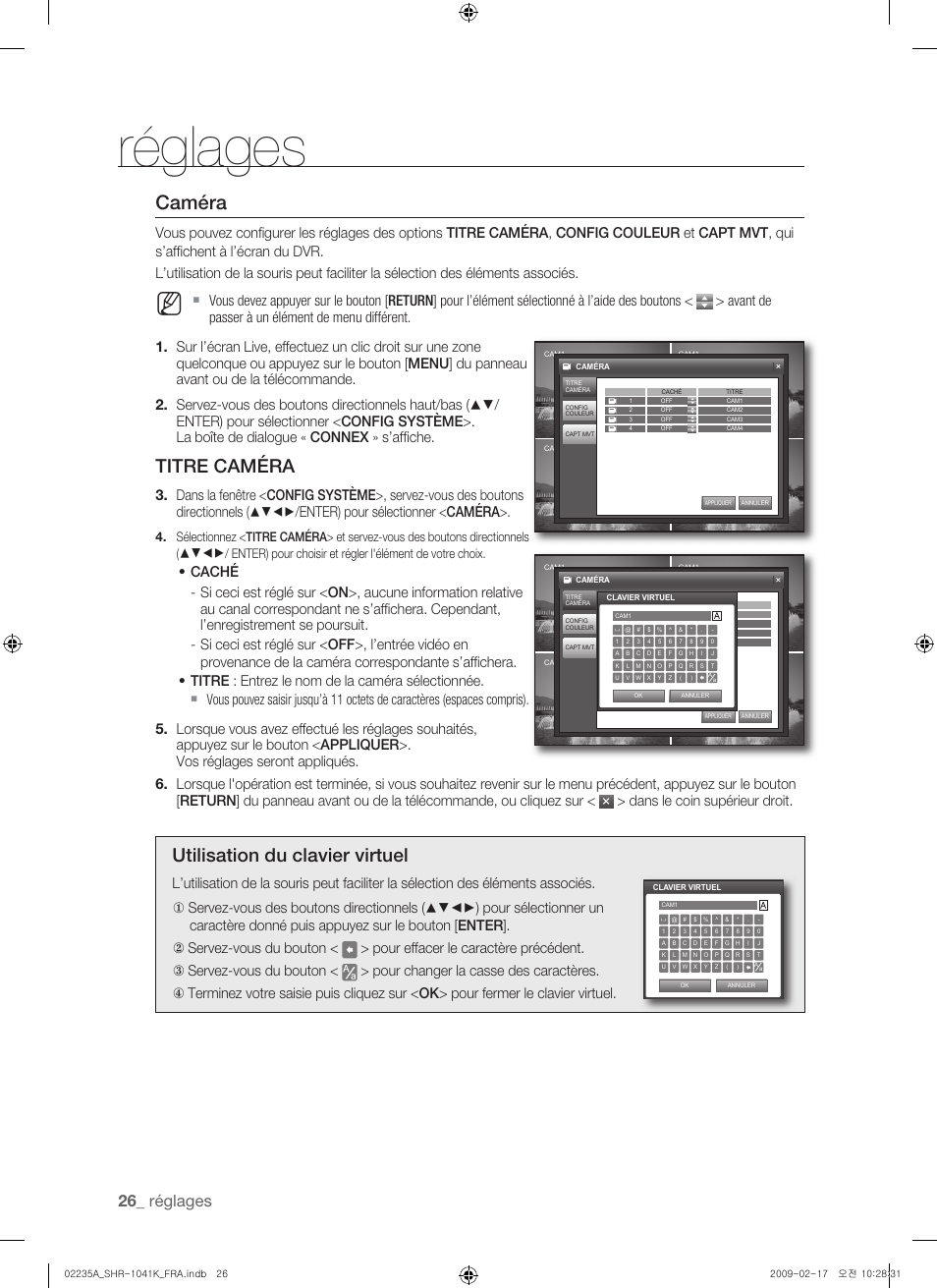 Caméra, Titre caméra, Utilisation du clavier virtuel | Réglages, Dans le coin supérieur droit | Samsung SHR-1041 User Manual | Page 84 / 174