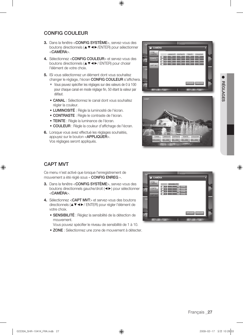 Config couleur, Capt mvt, Français | Réglages | Samsung SHR-1041 User Manual | Page 85 / 174