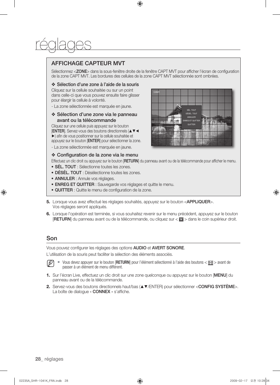 Réglages, Affichage capteur mvt | Samsung SHR-1041 User Manual | Page 86 / 174