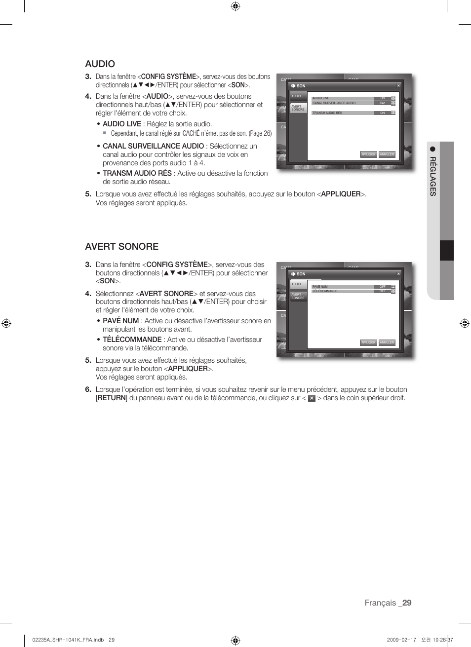 Audio, Avert sonore, Français | Réglages, Dans le coin supérieur droit | Samsung SHR-1041 User Manual | Page 87 / 174