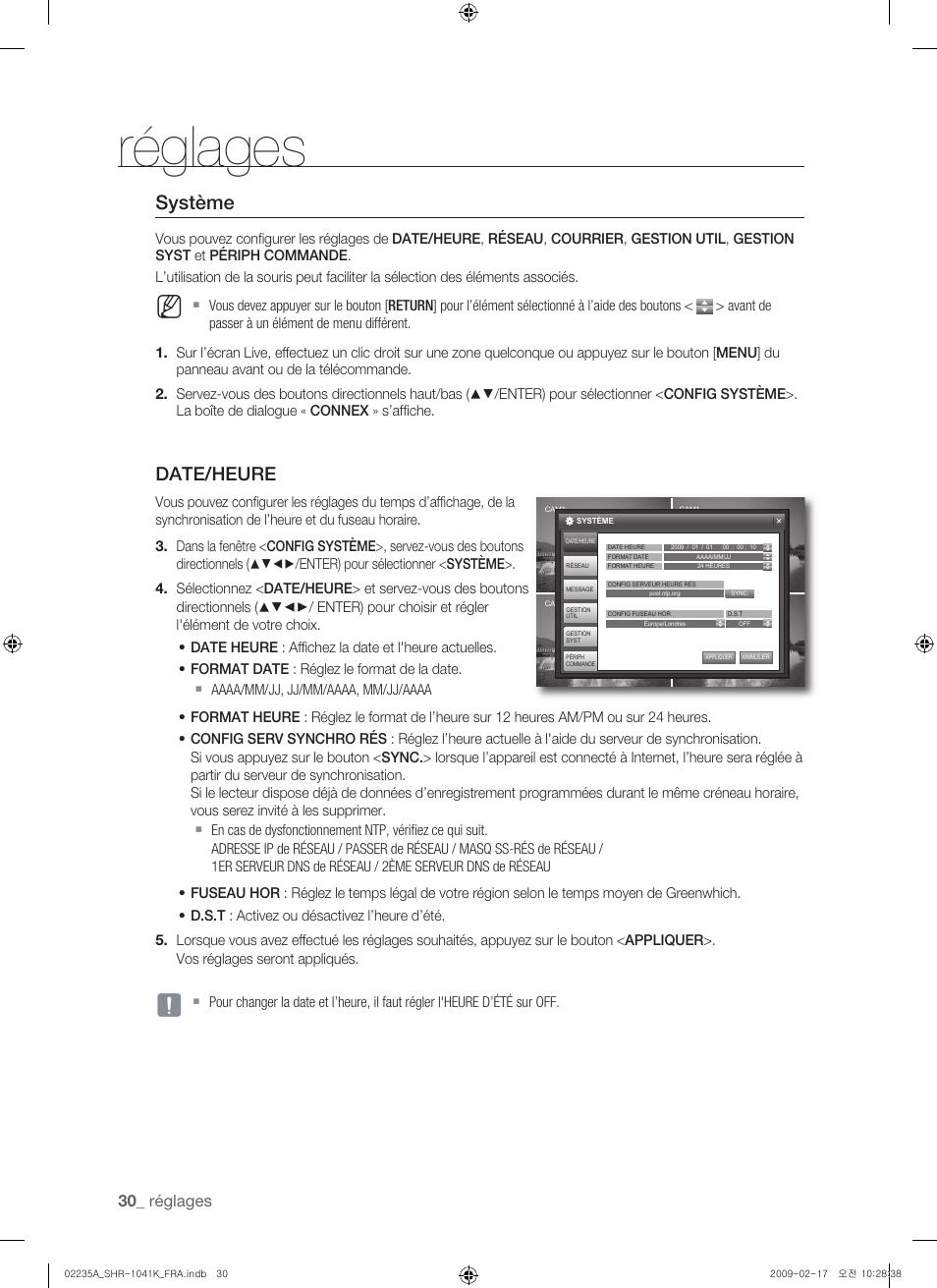 Réglages, Système, Date/heure | Samsung SHR-1041 User Manual | Page 88 / 174