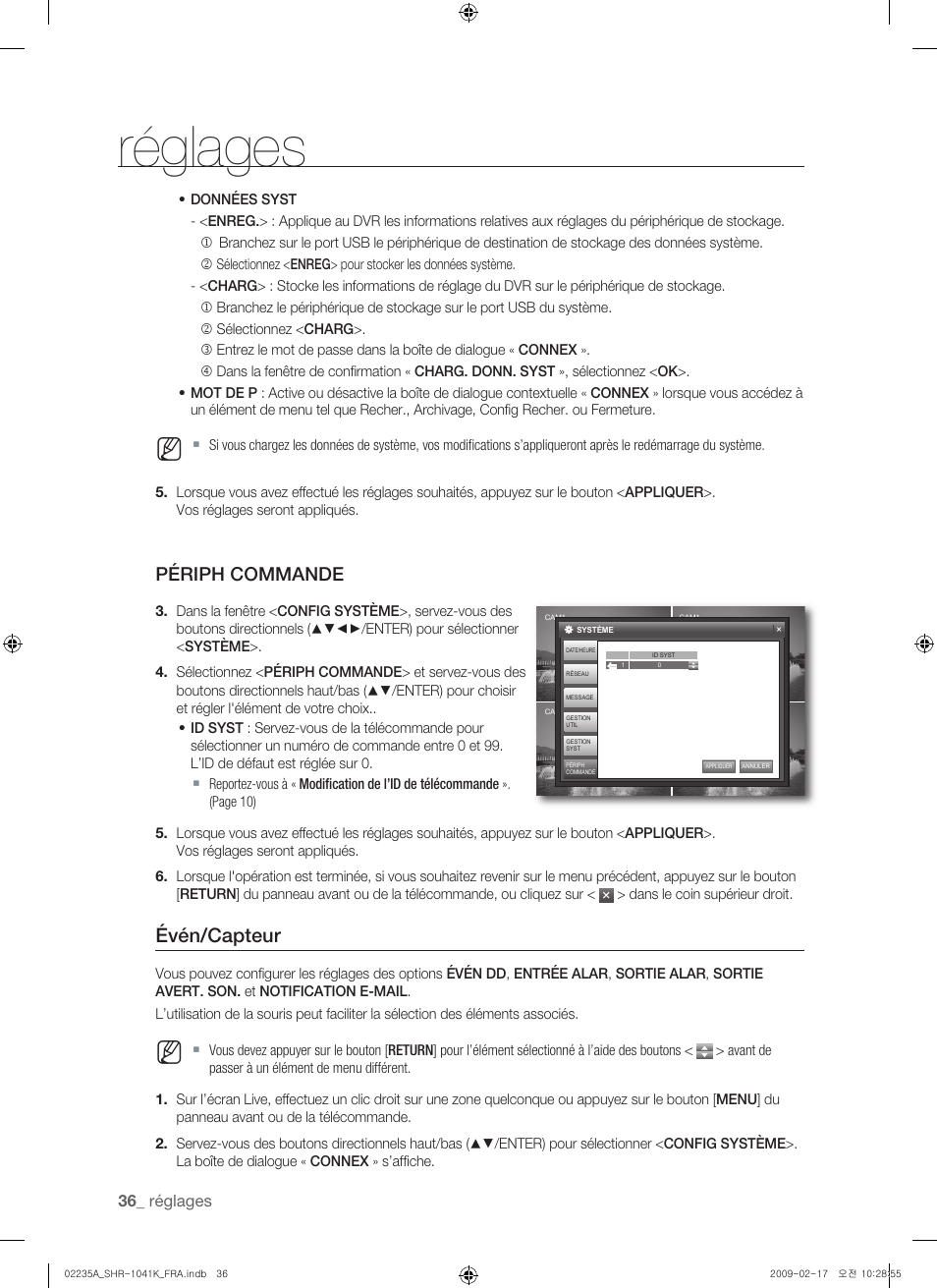 Réglages, Évén/capteur, Périph commande | Samsung SHR-1041 User Manual | Page 94 / 174