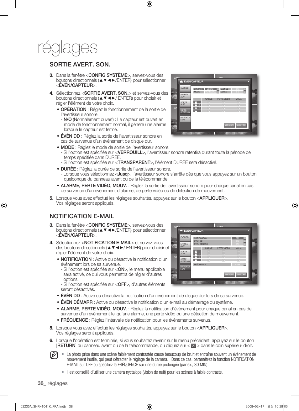 Sortie avert. son, Notification e-mail, Réglages | Samsung SHR-1041 User Manual | Page 96 / 174