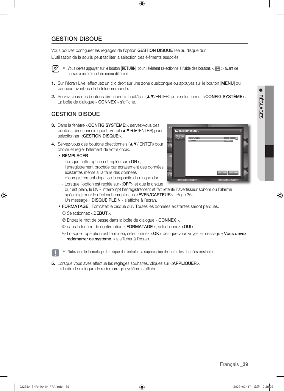 Gestion disque | Samsung SHR-1041 User Manual | Page 97 / 174