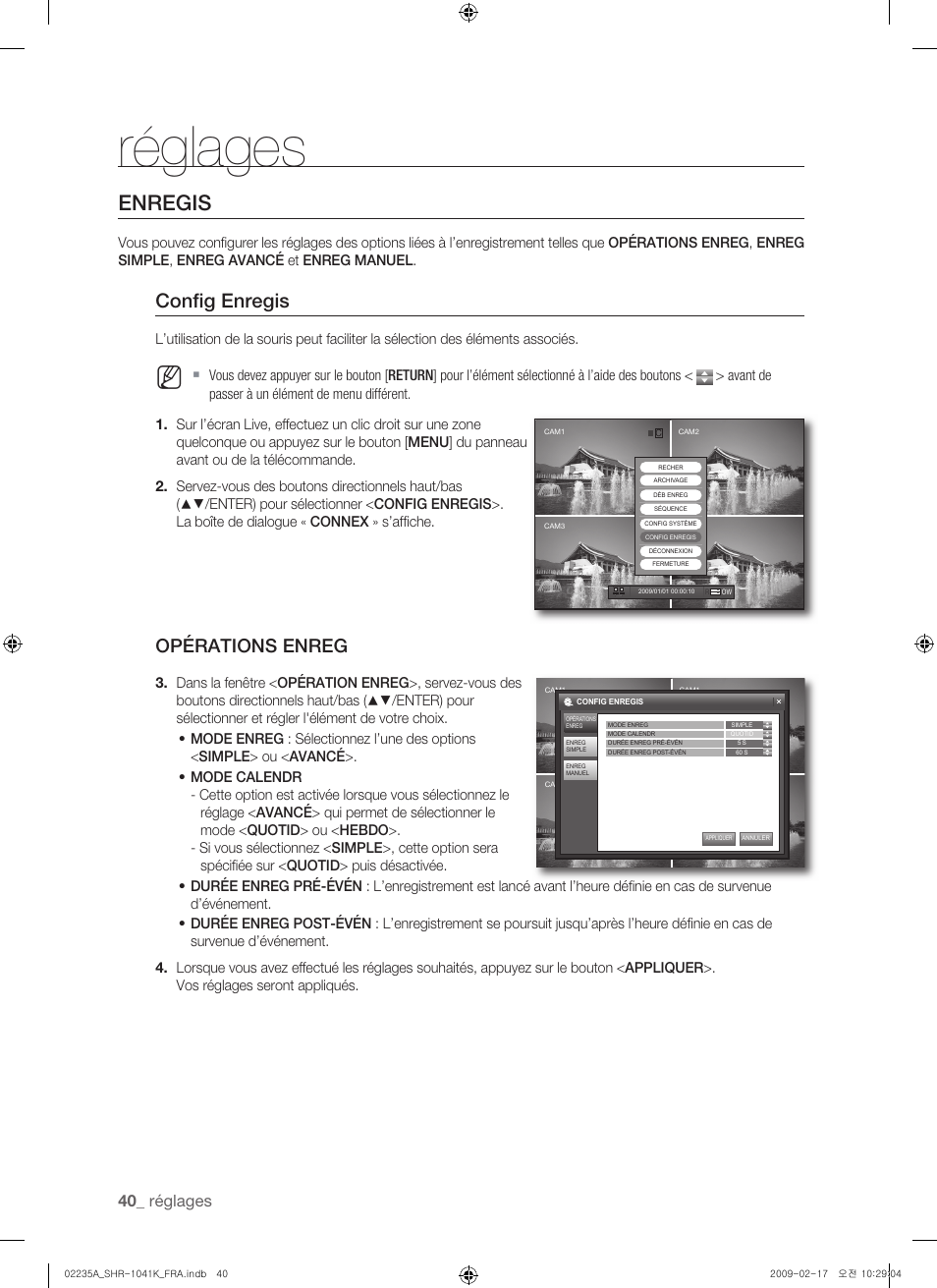 Enregis, Confi g enregis, Opérations enreg | Réglages | Samsung SHR-1041 User Manual | Page 98 / 174