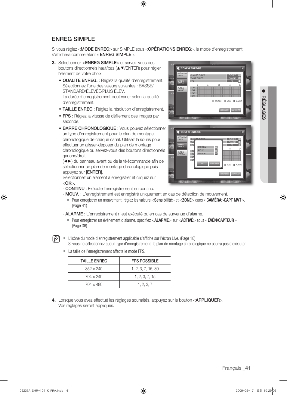 Enreg simple, Français, Réglages | Samsung SHR-1041 User Manual | Page 99 / 174