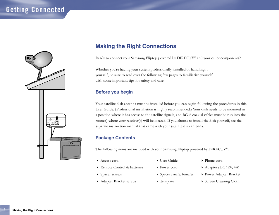 Making the right connections, Before you begin, Package contents | Getting connected | Samsung SL10D10 User Manual | Page 14 / 83