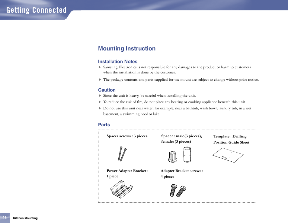 Mounting instruction, Installation notes, Caution | Parts, Getting connected | Samsung SL10D10 User Manual | Page 24 / 83