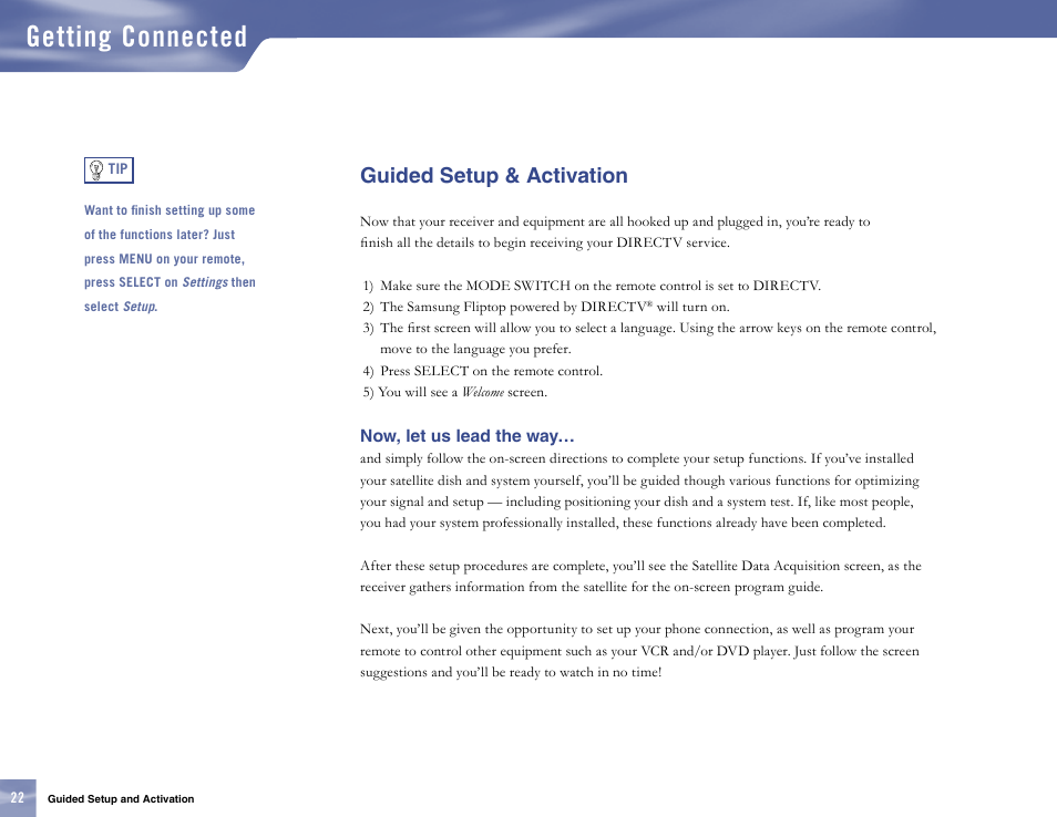 Guided setup & activation, Getting connected | Samsung SL10D10 User Manual | Page 30 / 83