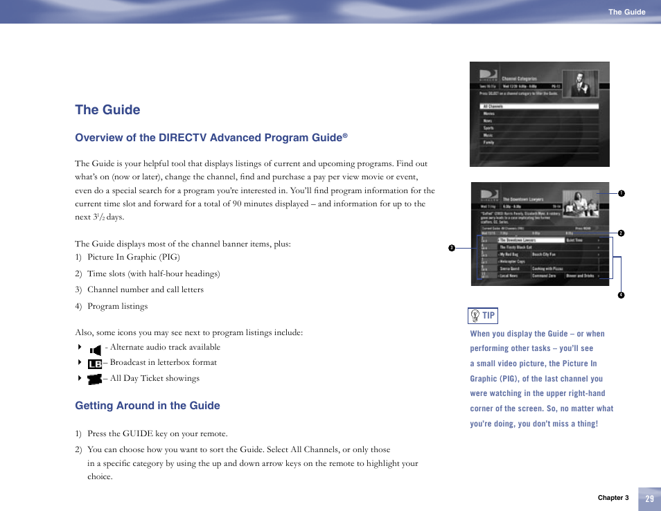 The guide, Overview of the directv advanced program guide, Getting around in the guide | Samsung SL10D10 User Manual | Page 37 / 83