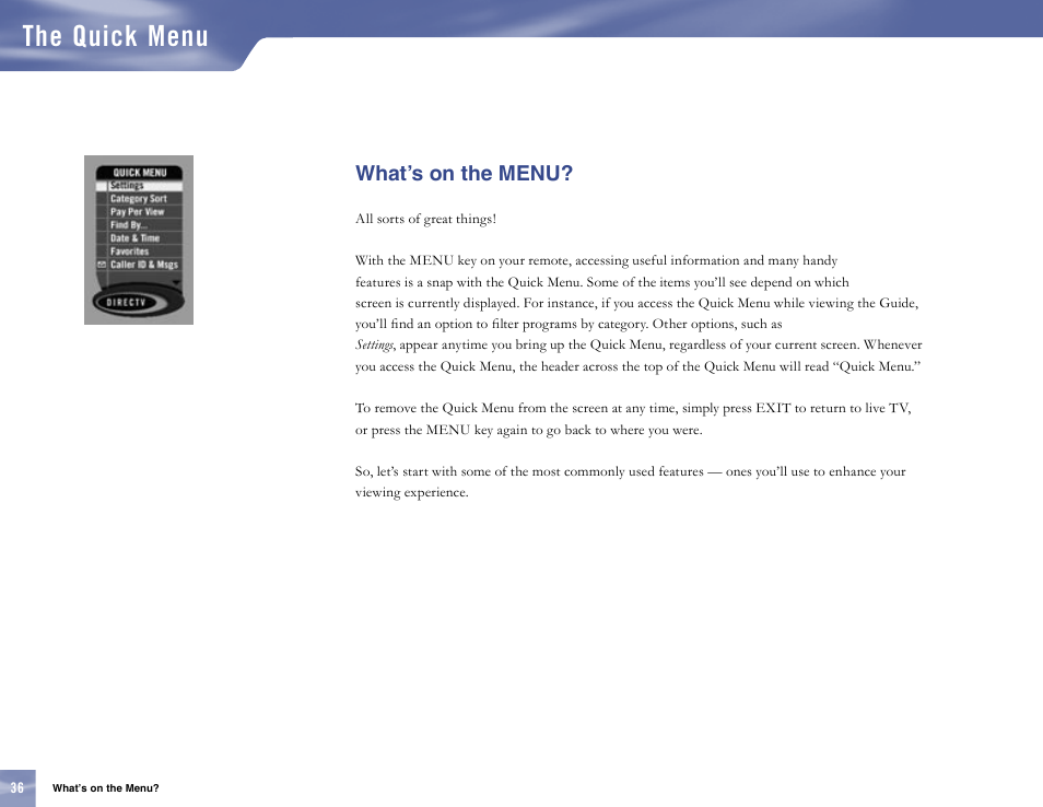 What’s on the menu, The quick menu | Samsung SL10D10 User Manual | Page 44 / 83