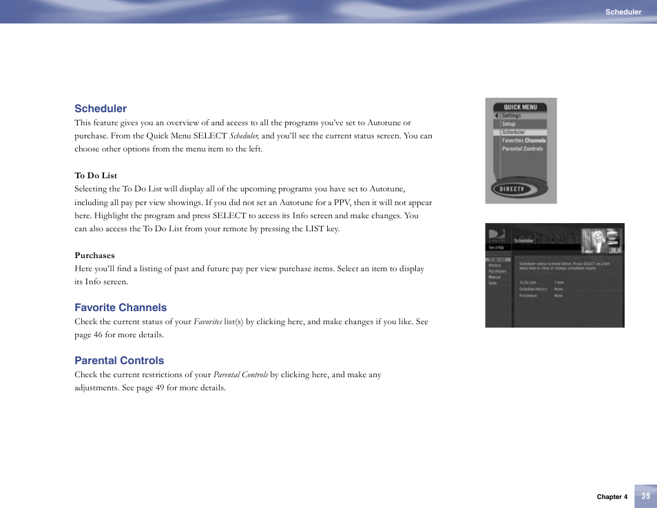 Scheduler, Favorite channels, Parental controls | Samsung SL10D10 User Manual | Page 47 / 83