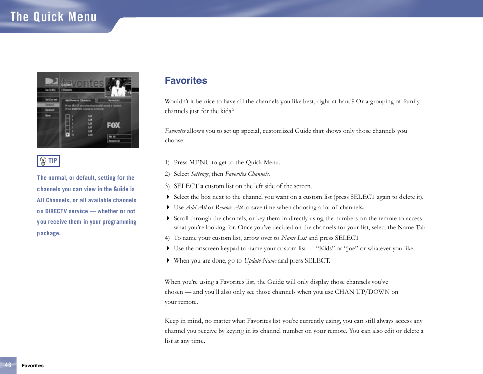 Favorites, The quick menu | Samsung SL10D10 User Manual | Page 54 / 83