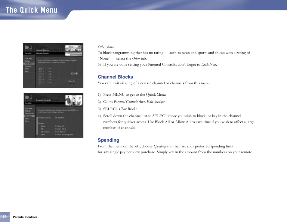 Channel blocks, Spending, The quick menu | Samsung SL10D10 User Manual | Page 58 / 83