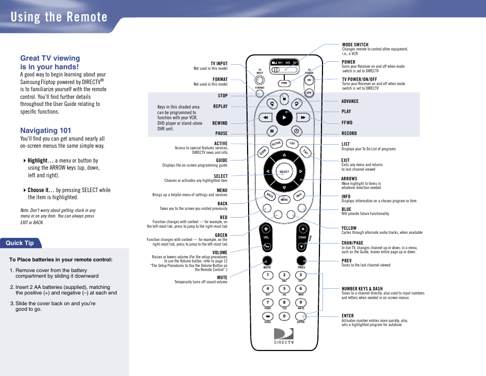 Using the remote, Great tv viewing is in your hands, Navigating 101 | Quick tip, A good way to begin learning about your samsung, Fliptop powered by directv | Samsung SL10D10 User Manual | Page 6 / 83