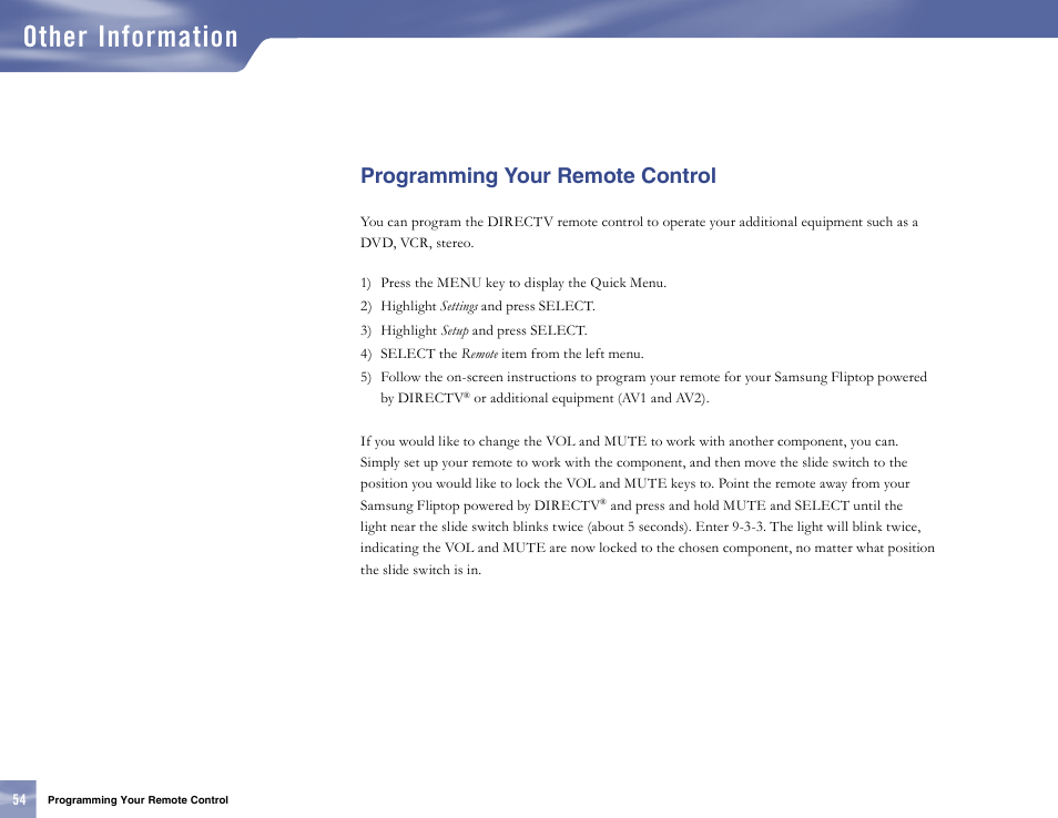 Programming your remote control, Other information | Samsung SL10D10 User Manual | Page 62 / 83