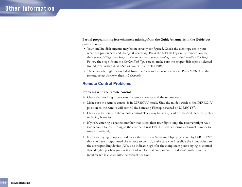 Remote control problems, Other information | Samsung SL10D10 User Manual | Page 68 / 83