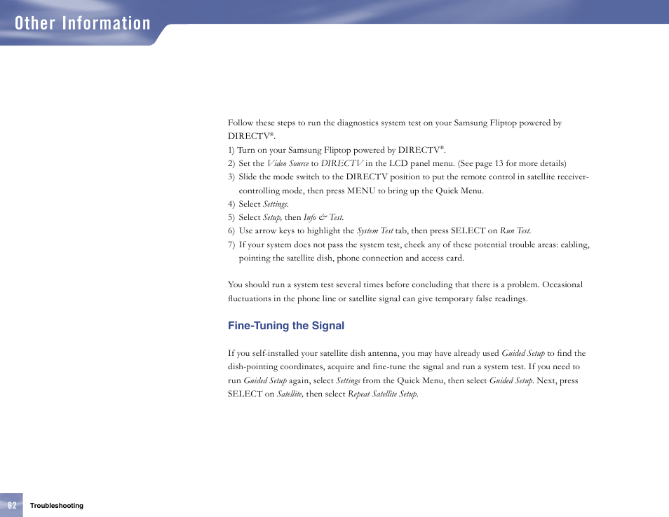 Fine-tuning the signal, Other information | Samsung SL10D10 User Manual | Page 70 / 83