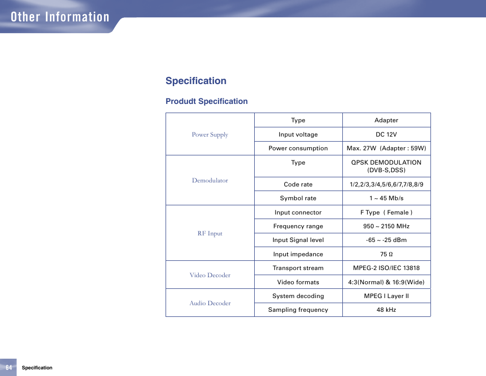 Specification, Produdt specification, Other information | Samsung SL10D10 User Manual | Page 72 / 83