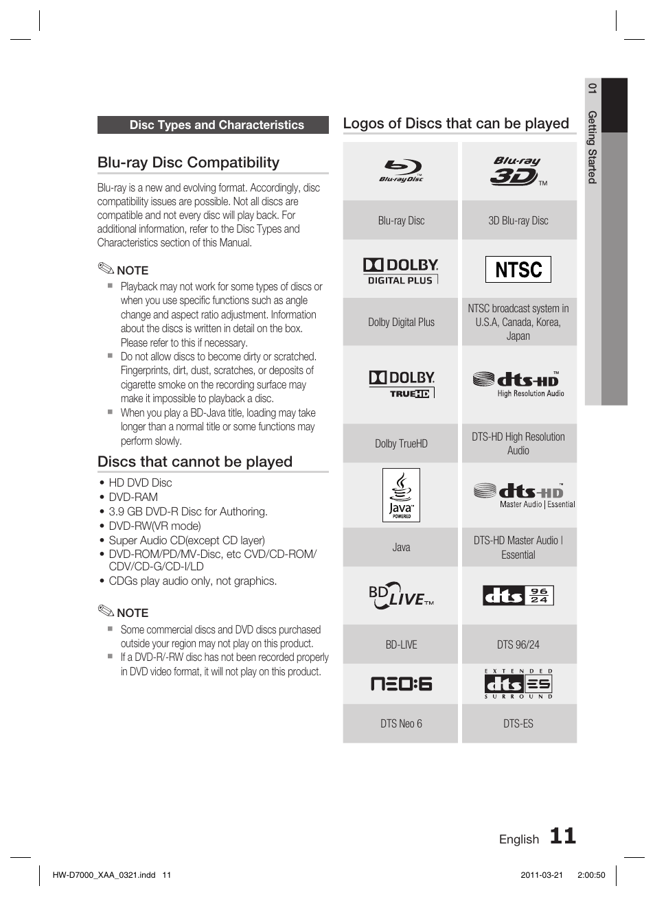 Disc types and characteristics | Samsung HW-D7000 User Manual | Page 11 / 87