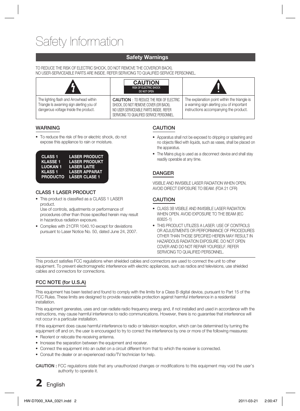 Safety information, Safety warnings | Samsung HW-D7000 User Manual | Page 2 / 87