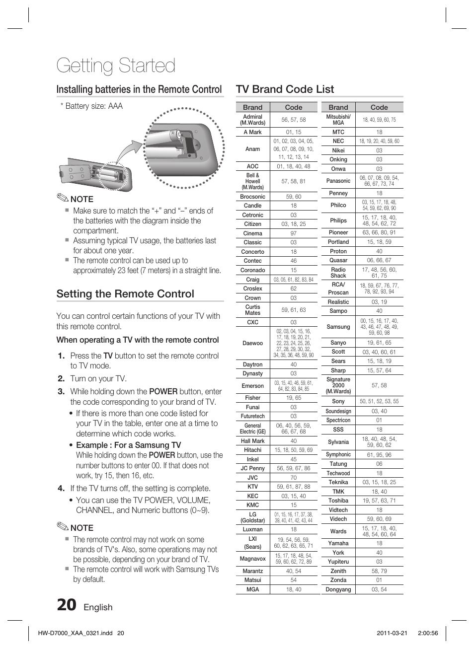 Getting started, Installing batteries in the remote control, Setting the remote control | Tv brand code list, English, Battery size: aaa | Samsung HW-D7000 User Manual | Page 20 / 87