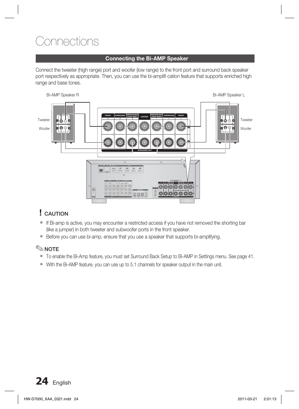 Connecting the bi-amp speaker, Connections, English | Ypb/cb pr/cr, Bi-amp speaker l bi-amp speaker r | Samsung HW-D7000 User Manual | Page 24 / 87