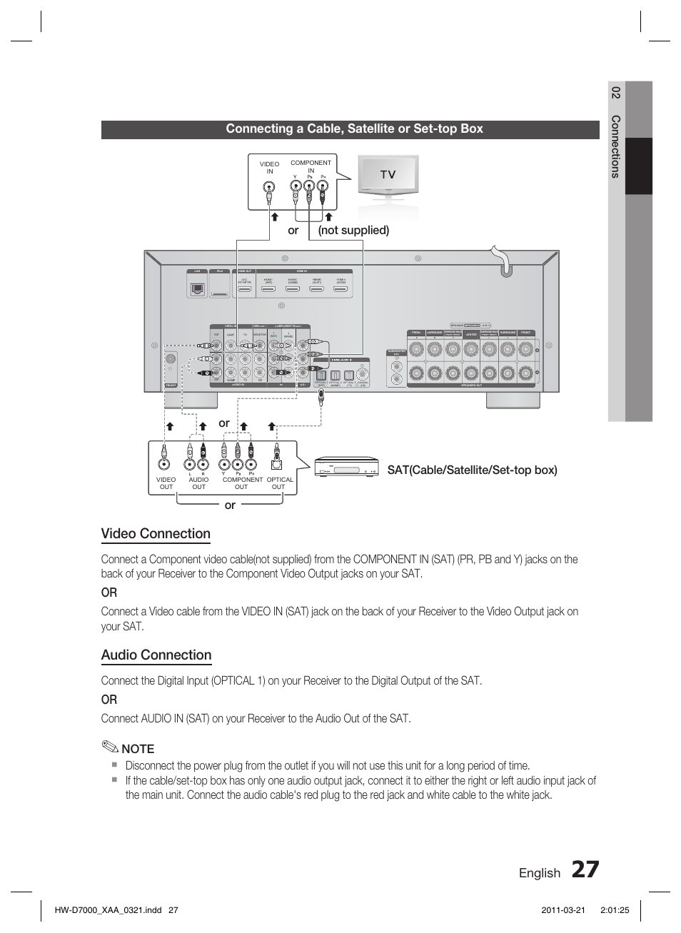 Connecting a cable, satellite or set-top box, Video connection, Audio connection | English, 02 connections | Samsung HW-D7000 User Manual | Page 27 / 87