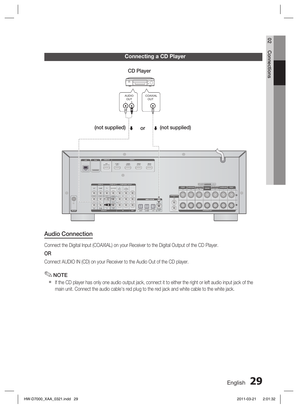 Connecting a cd player, Audio connection, English | Or cd player (not supplied) (not supplied), 02 connections | Samsung HW-D7000 User Manual | Page 29 / 87