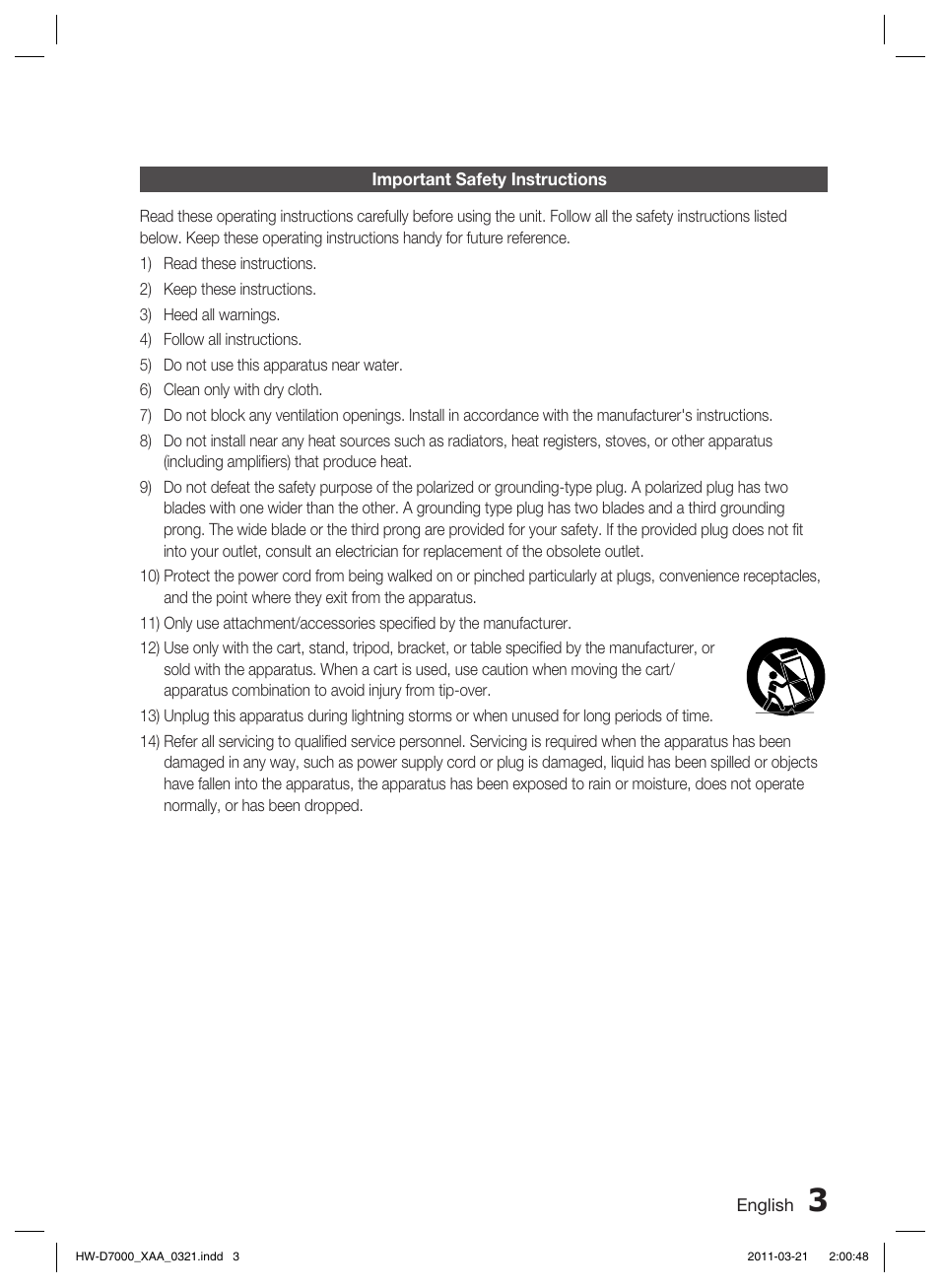 Important safety instructions | Samsung HW-D7000 User Manual | Page 3 / 87