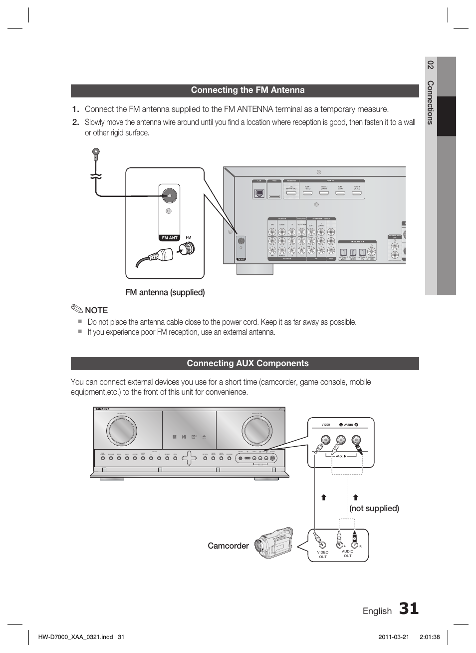 Connecting the fm antenna, Connecting aux components, English | Fm antenna (supplied), Camcorder (not supplied), 02 connections | Samsung HW-D7000 User Manual | Page 31 / 87