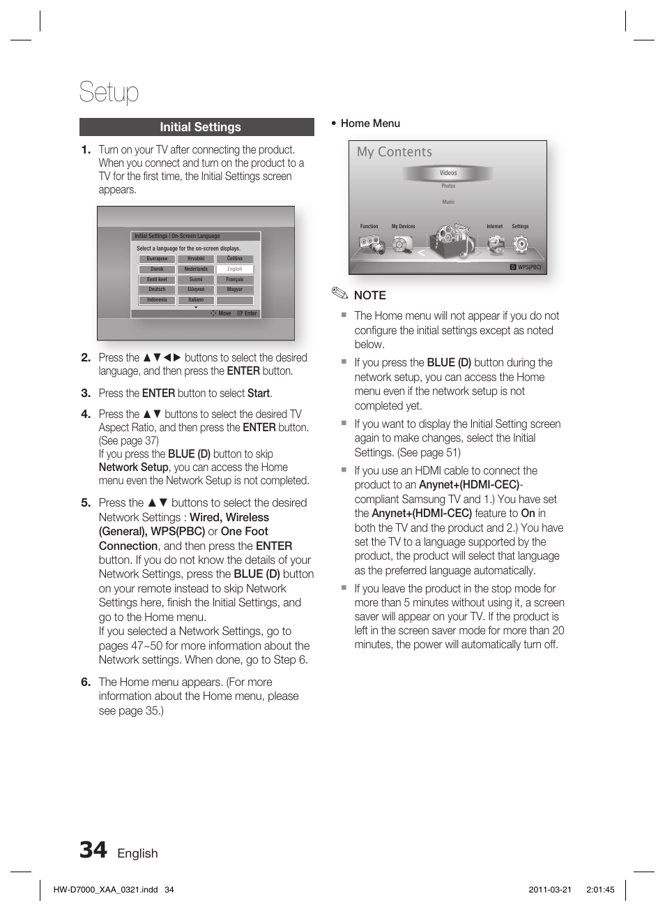 Setup, Initial settings, My contents | Samsung HW-D7000 User Manual | Page 34 / 87