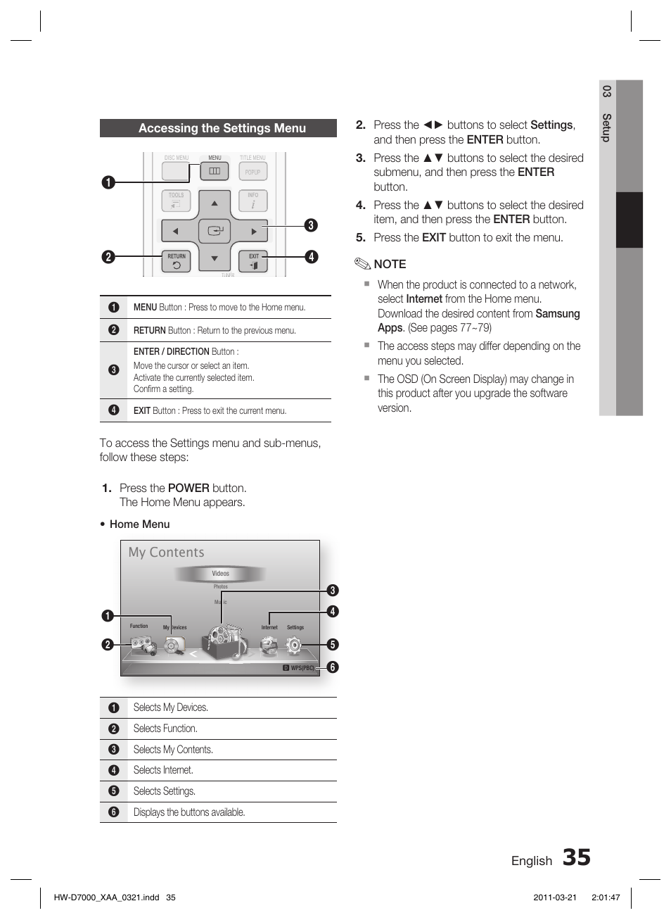 Accessing the settings menu, My contents | Samsung HW-D7000 User Manual | Page 35 / 87