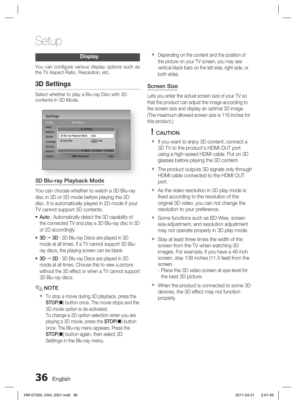 Display, Setup, 3d settings | Samsung HW-D7000 User Manual | Page 36 / 87