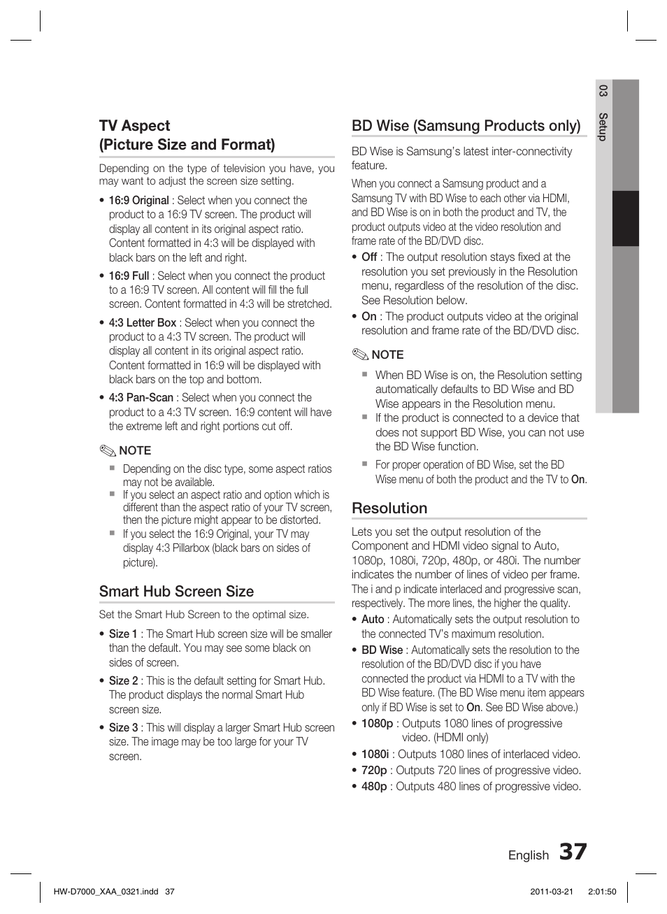 Tv aspect (picture size and format), Smart hub screen size, Bd wise (samsung products only) | Resolution | Samsung HW-D7000 User Manual | Page 37 / 87