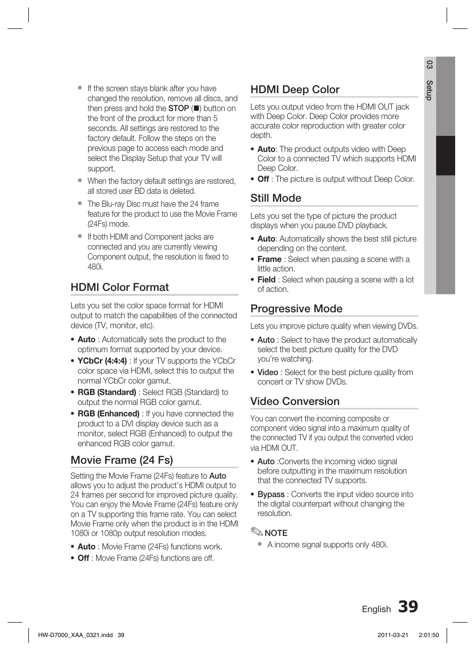 Hdmi color format, Movie frame (24 fs), Hdmi deep color | Still mode, Progressive mode, Video conversion | Samsung HW-D7000 User Manual | Page 39 / 87