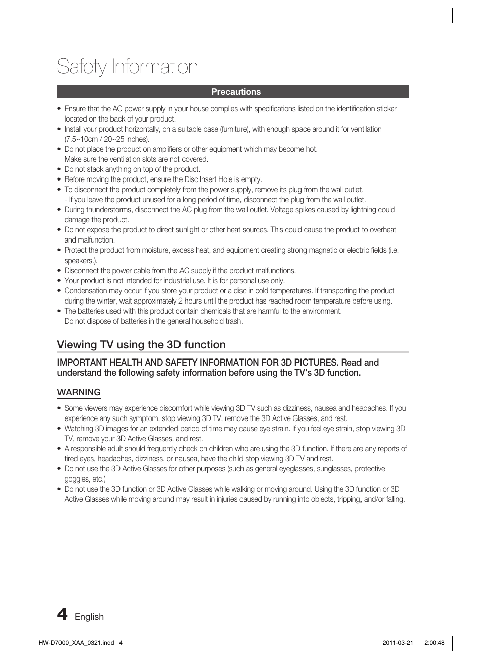 Precautions, Safety information, Viewing tv using the 3d function | Samsung HW-D7000 User Manual | Page 4 / 87