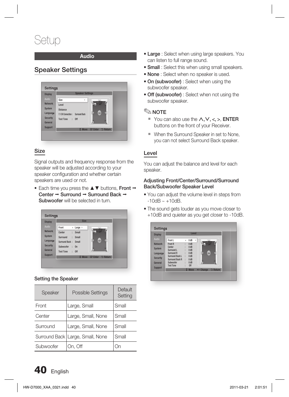 Audio, Setup, Speaker settings | English, Size, Level | Samsung HW-D7000 User Manual | Page 40 / 87