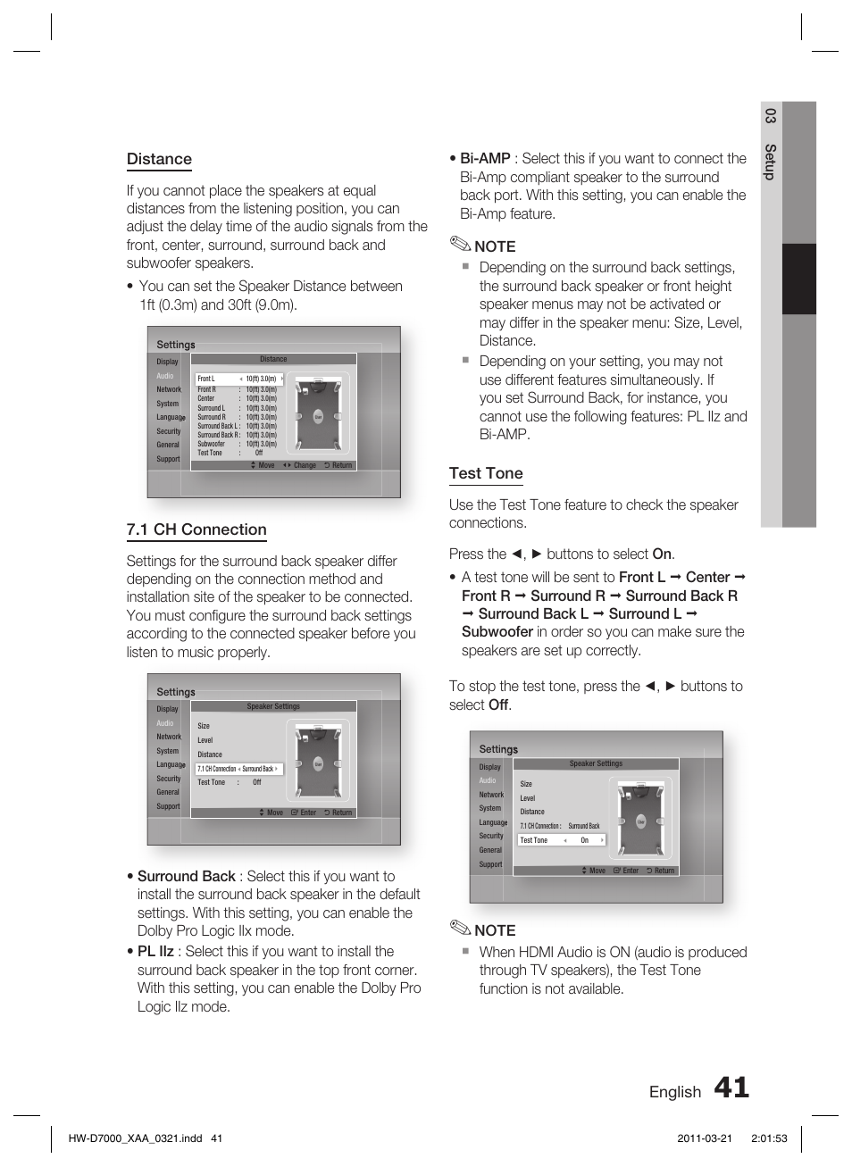 English, Distance, 1 ch connection | Test tone, 03 setup | Samsung HW-D7000 User Manual | Page 41 / 87