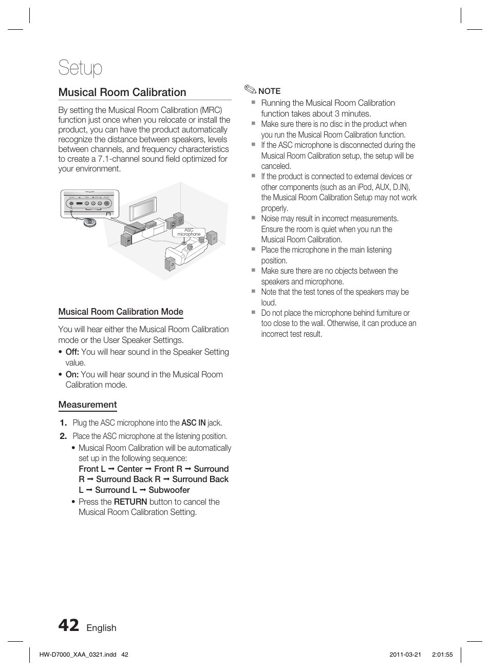 Musical room calibration, Setup | Samsung HW-D7000 User Manual | Page 42 / 87